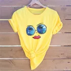 Футболка женская с забавным принтом очков, 100% хлопок, круглый вырез, короткий рукав, желтая рубашка, на лето