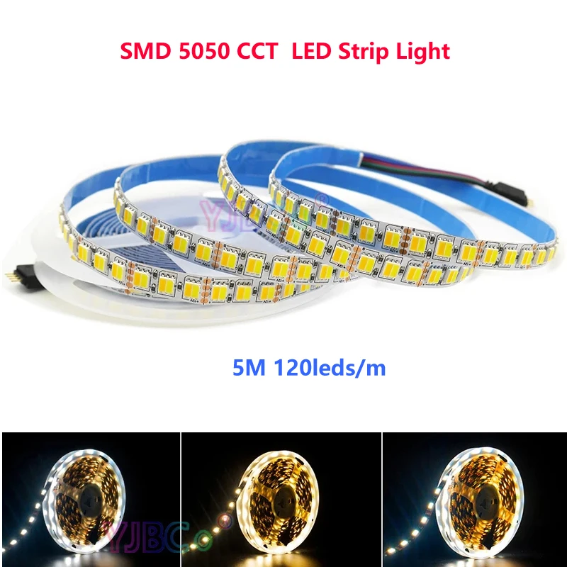 5M SMD 5050 White+Warm White 2 in 1 LED Strip Light 120leds/m Double Color CCT Flexible Lamp Tape White PCB DC12V 24V IP65 IP20