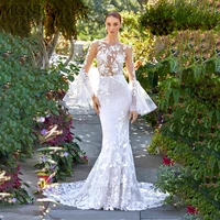 monica mermaid trumpet wedding dress for women o neck flare sleeve appliques bride gown floor length court robe de mariee