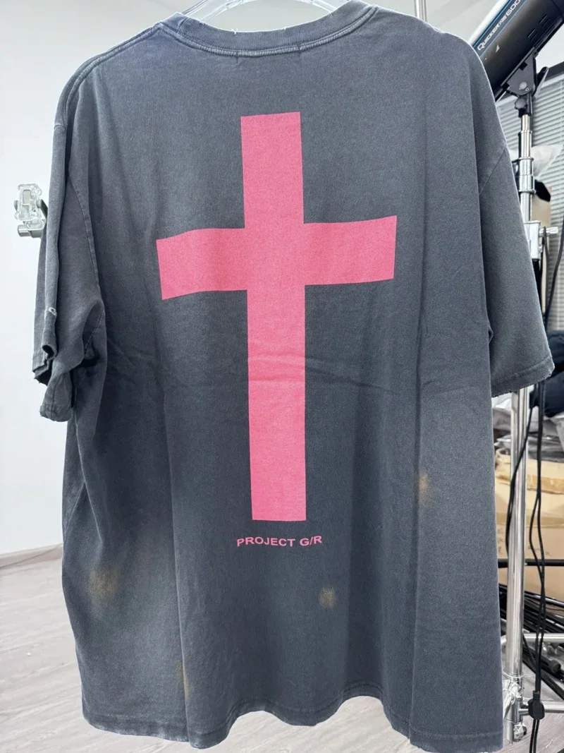 Футболка Stain Black Washed Project GR Хлопковая свободная футболка 2025 Лето Мужчины Женщины