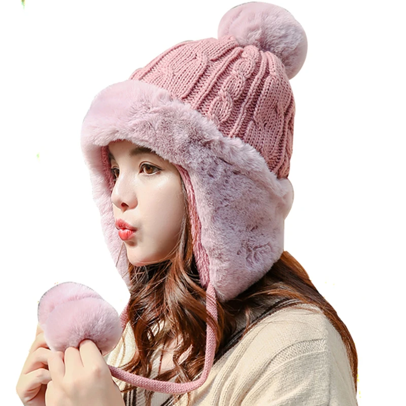 

New Girl Warm Ski Brand Big Fur Pom Poms Warm knit hat set Winter Women Wool Beanie Hat thick Skullies Female Cap