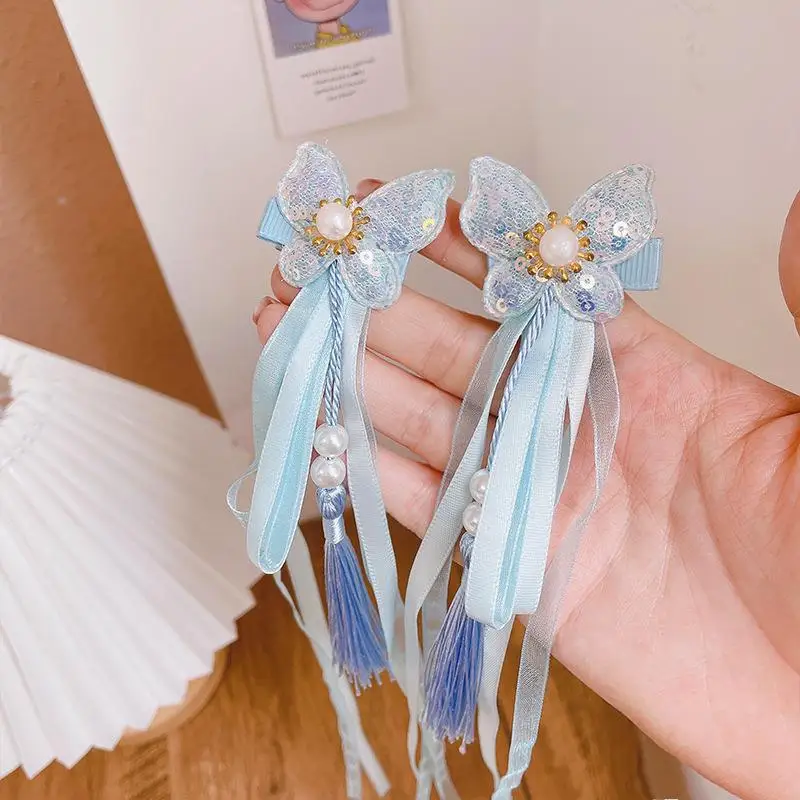 

2Pcs/Set Chinese Traditional Butterfly Ribbon BB Hair Clips for Baby Girls Princess Gifts Venetian Pearl Side Hairpin Barrettes