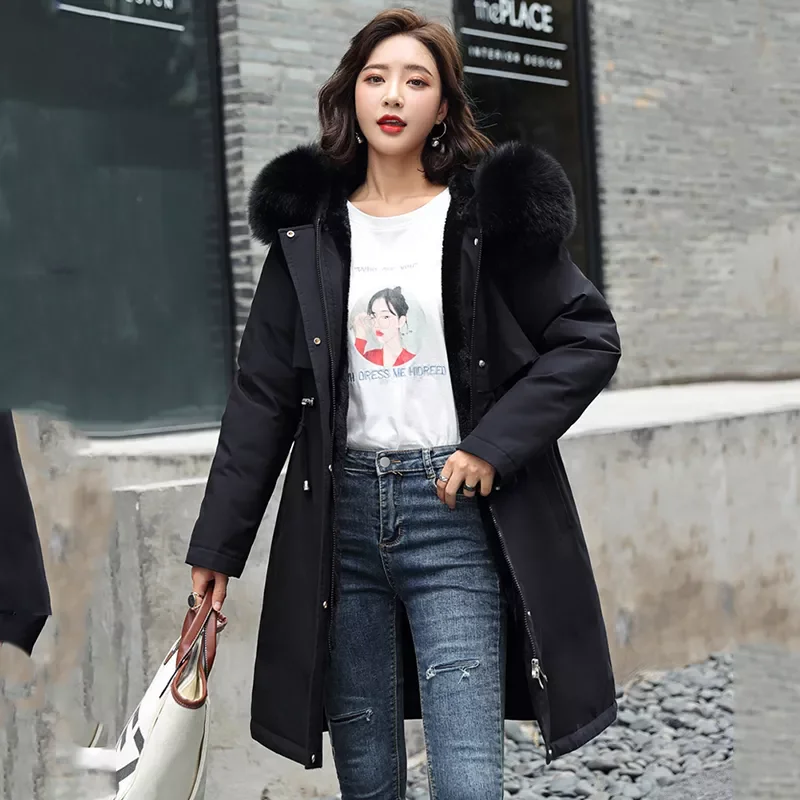 New2022 Long Parkas Hooded with Fur Wool Liner Ladies Casual Winter Jackets Thick Warm Coats Zipper Pockets Outwear for Female