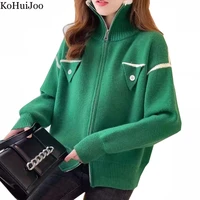 kohuijoo autumn 2022 zippers sweater cardigan women stand collar contrast color loose lazy knitted sweaters streetwear oversize