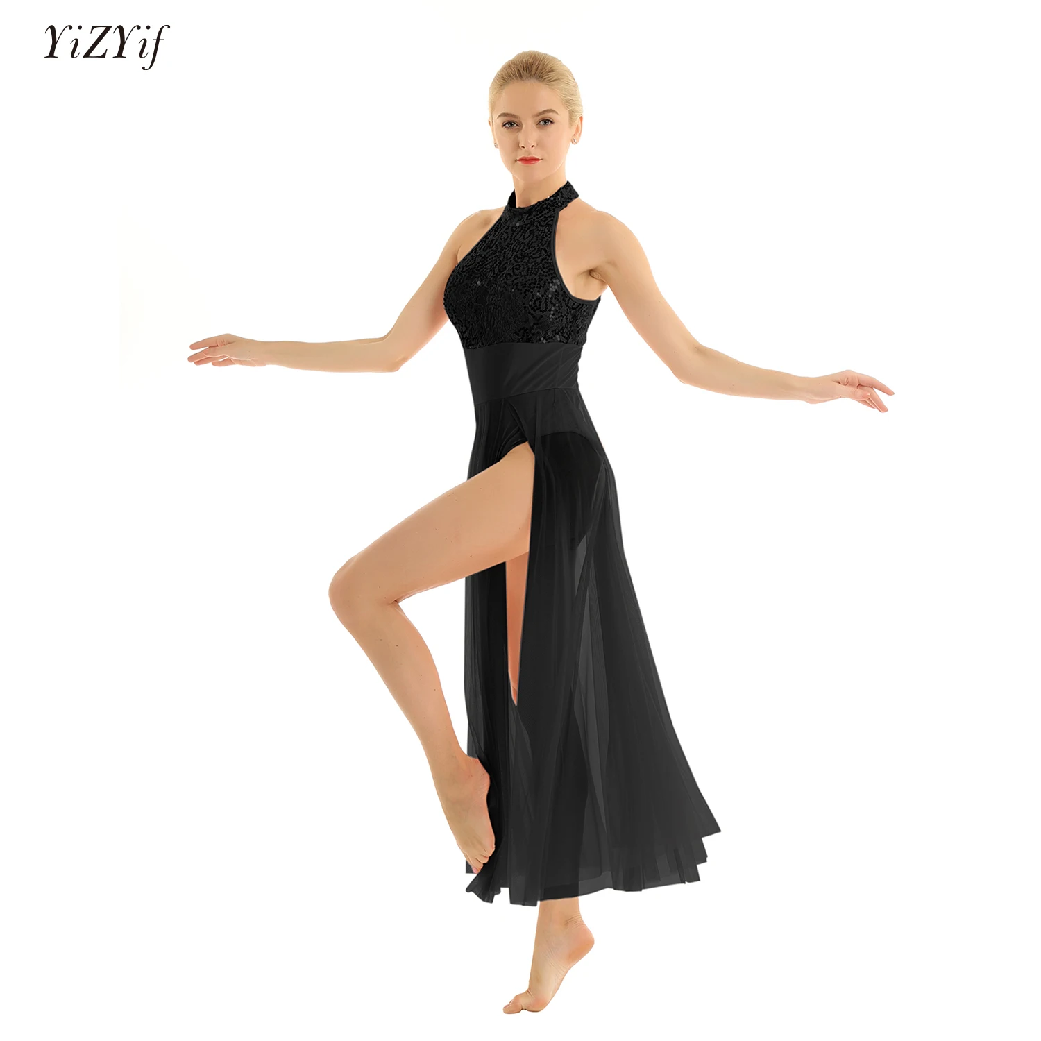 

Women Adult Mesh Maxi Ballet Dance Dress with Built-in Leotard Halter Sequins Modern Lyrical Dancewear Stage Performance Costume