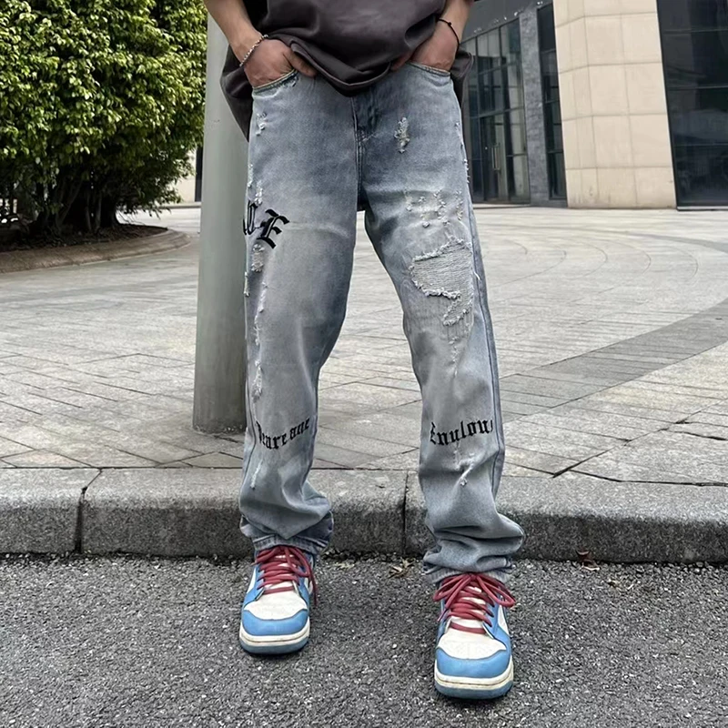

Original Washed Retro Hole Letter Embroidery Jeans for Men and Women Straight High Street Ripped Casual Denim Trousers