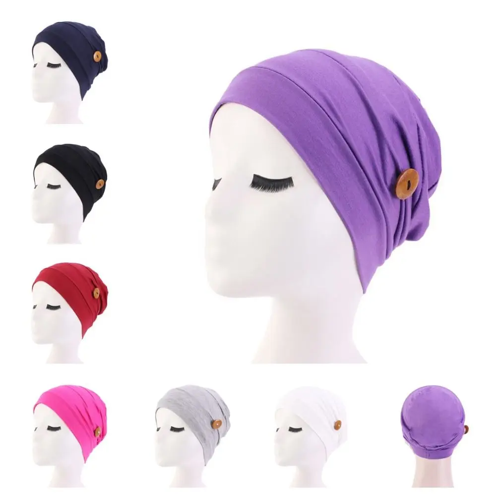 

Ladies Headwear Sleep Cap Wearing Ear Protection Hat Button Women Turban Chemo Hat Islamic Hijab