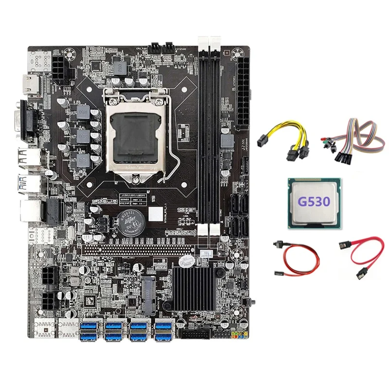 

B75 BTC Miner Motherboard 8XUSB+G530 CPU+Switch Cable+SATA Cable+6Pin To Dual 8Pin Cable+With Light Switch Cable