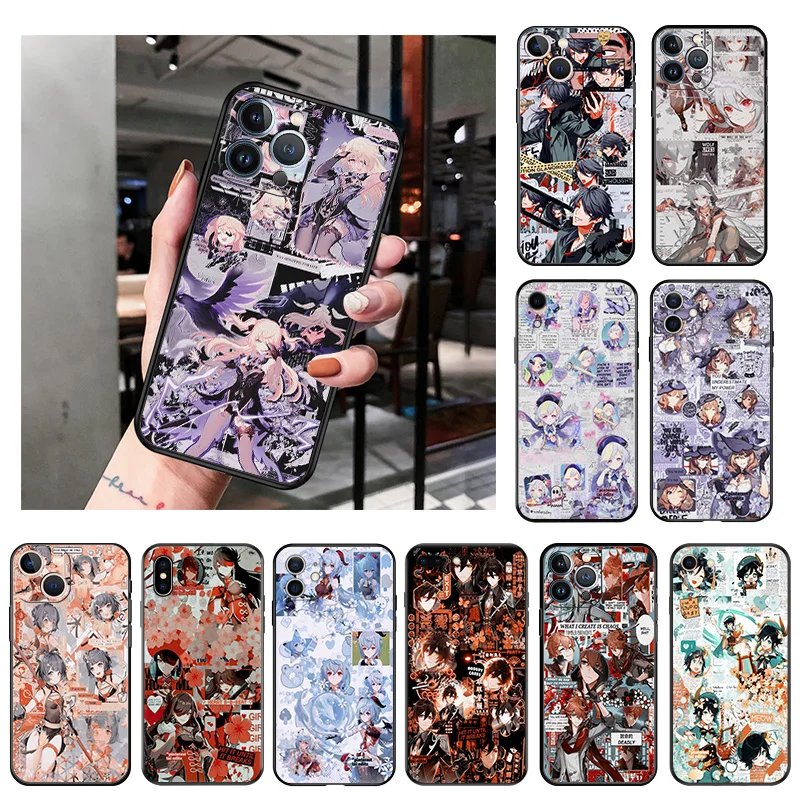 

Silicone Black Phone Cases Cover for iPhone 11 14 Pro Max 12 13 Mini XR SE 7 8 6 6s Plus XS X SE3 11Pro Genshin Impact