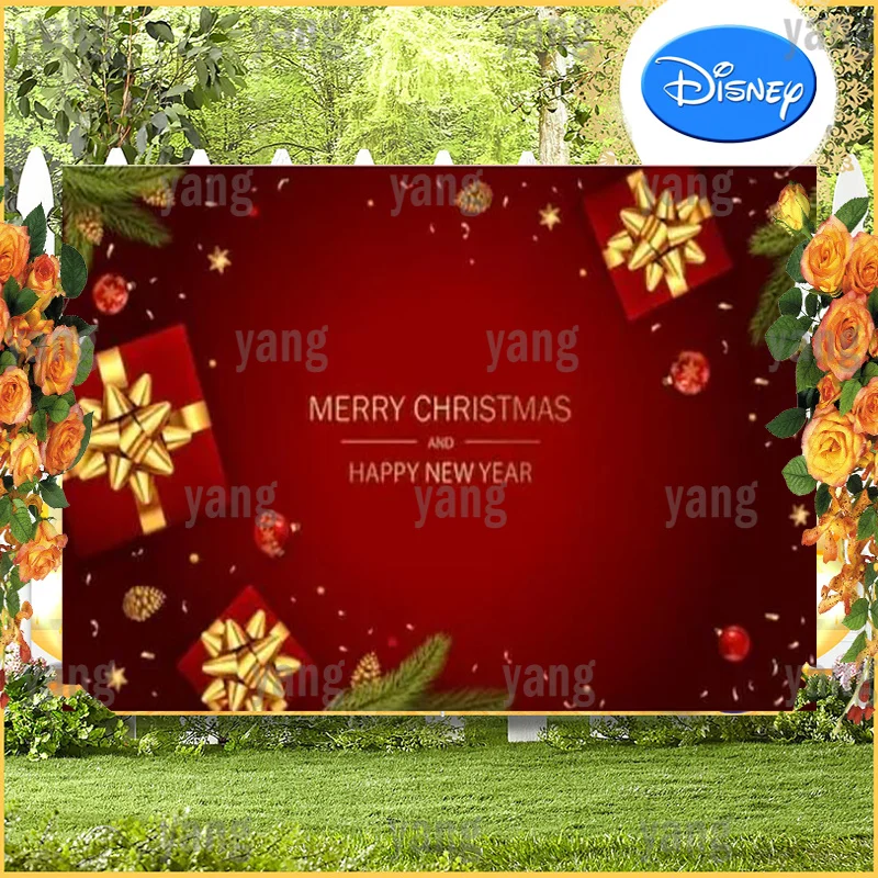 Cartoon Lovely Light Red Glitter Custom Merry Christmas Gifts Happy New Year Decoration Background Banner Happy Party Backdrop