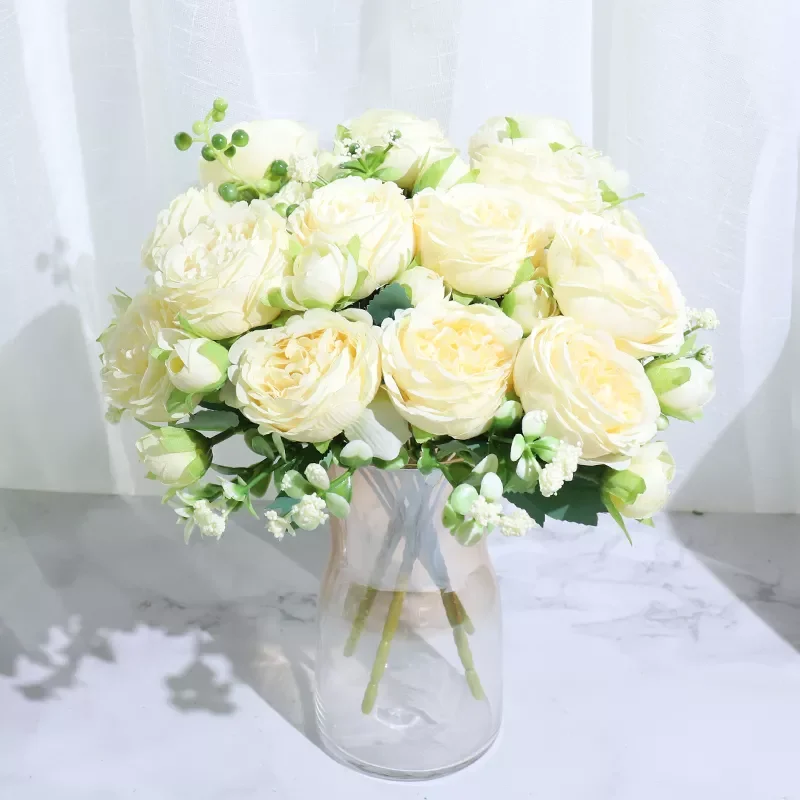 

Best Selling Beautiful Rose Peony Artificial Silk Flowers Small White Bouquet Home Party Winter Wedding Decoration Fake Flowers