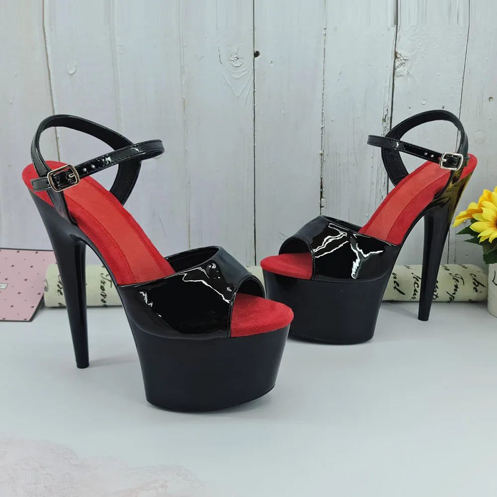 Leecabe Shinny Black Color 17CM/7Inch Women's Platform Sandals  party High Heels Shoes Pole Dancing Shoes