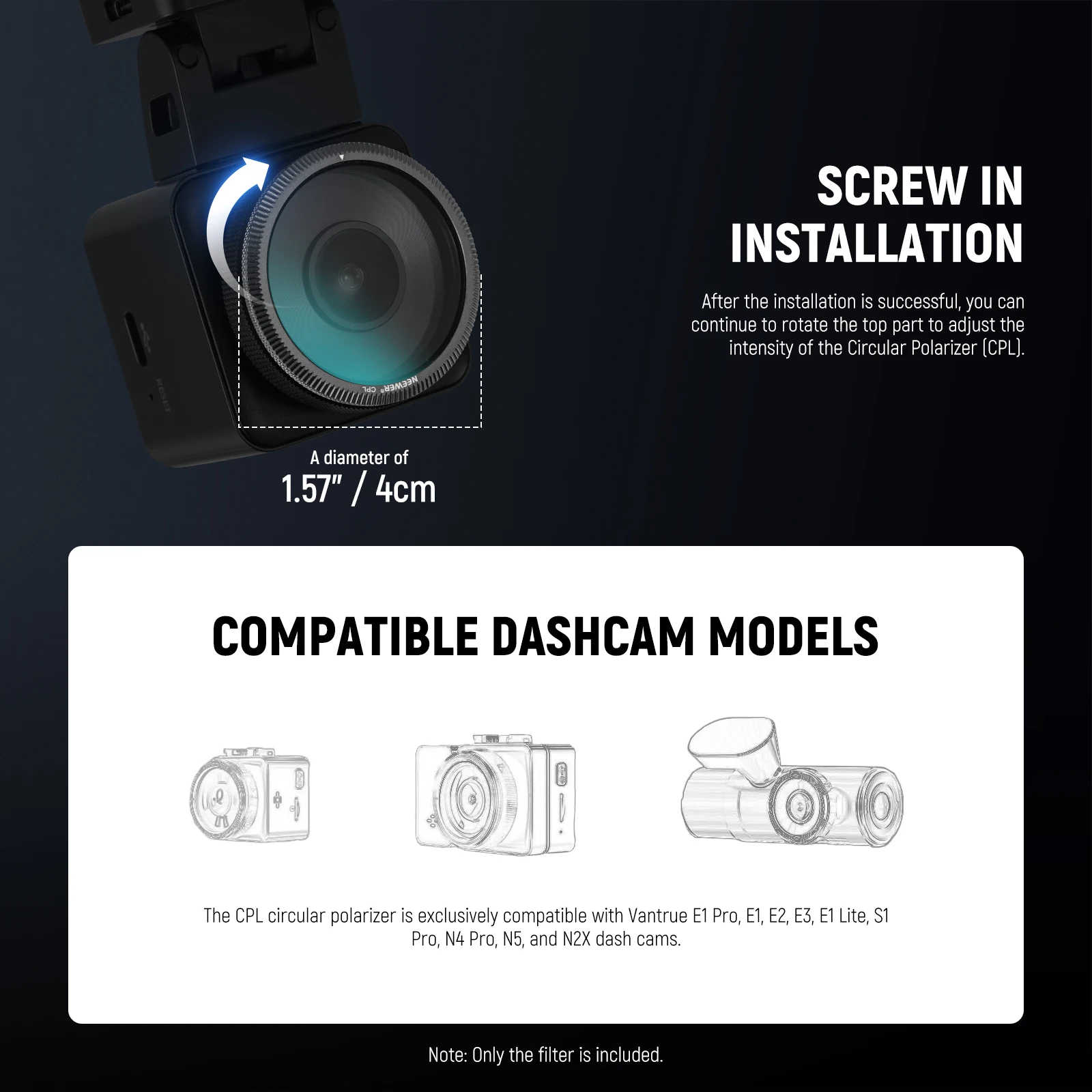 Фото Фильтр NEEWER 40 мм CPL для видеорегистраторов Vantrue N4 Pro, N5, E1Pro, E1, E2, E3, E1Lite, S1 Pro, N2X, ультратонкий круговой поляризационный фильтр №3