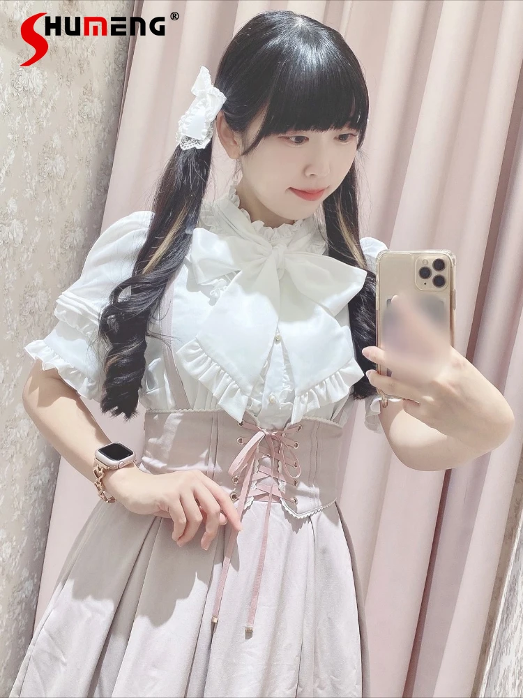 w stylu japońskim urocza słodka sznurowana z kokardką falbaną bufiasta krótkim rękawem jednorzędowa biała koszula Lolita top dla kobiet lato