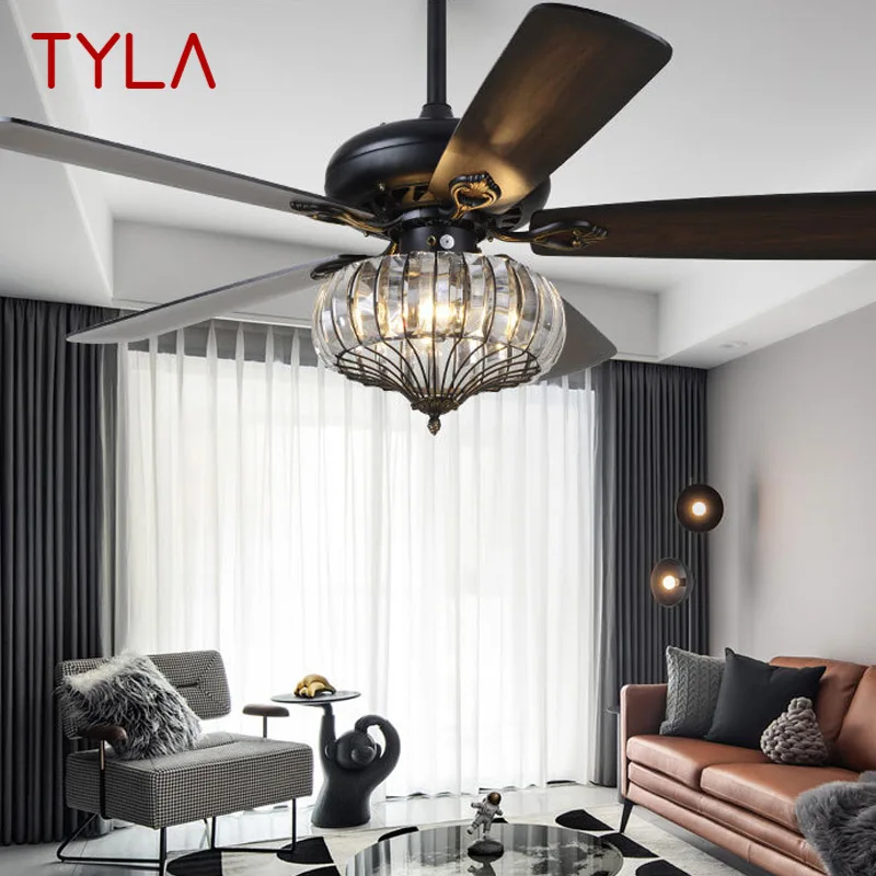 

TYLA Contemporary LED Fan Ceiling Lamp With Remote Control Black Crystal Lighting For Home Dining Room Bedroom Restaurant