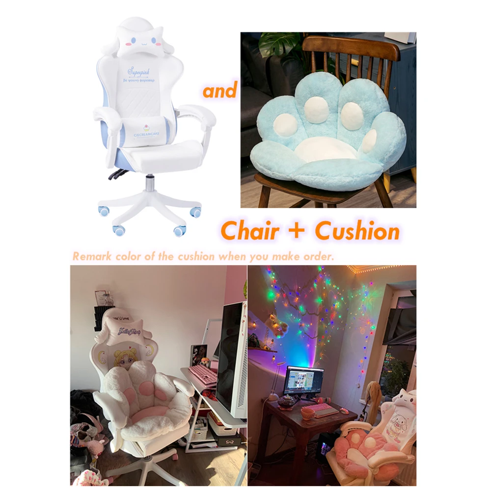 

Girls Gift Gaming Chair with Cartoon Cat Paw Cushion Liftable Reclining Swivel Computer Armchair Latex Cushion White Game Chair