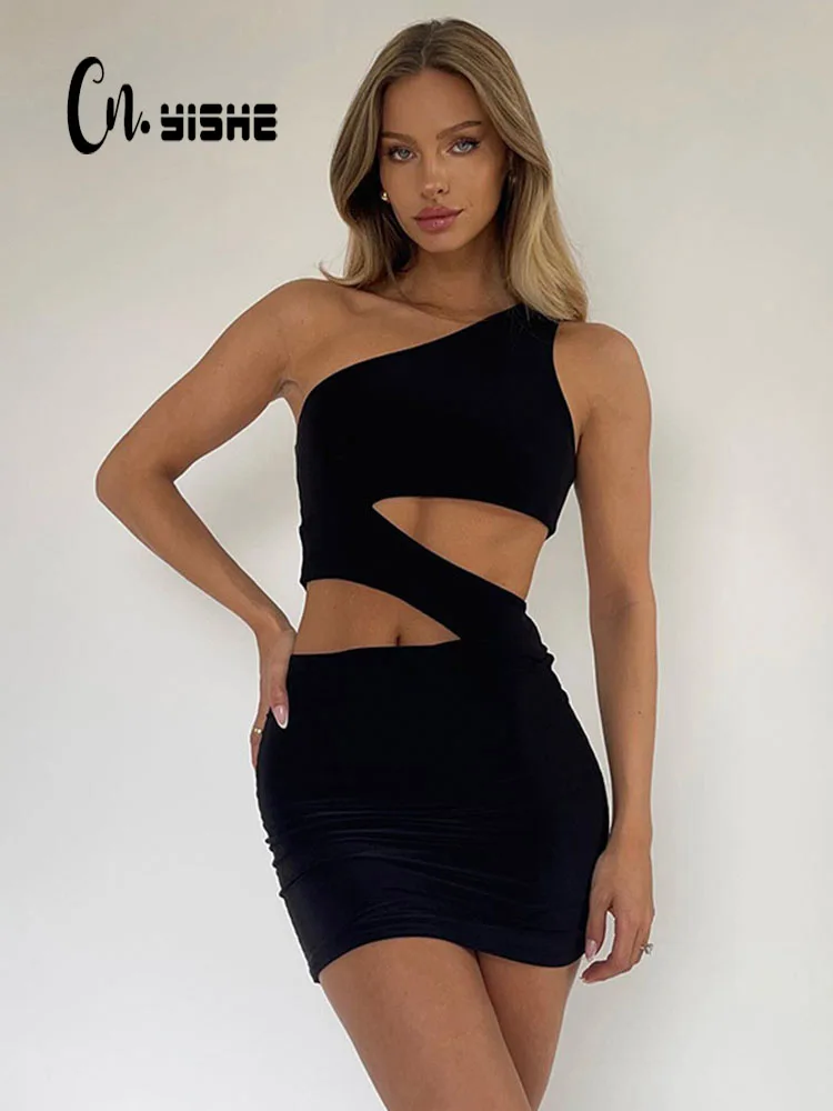 

CNYISHE 2022 Summer High Street Cut Out One Shoulder Wrap Hip Mini Dress Women Elegant Sexy Office Lady Dresses Female Vestidos