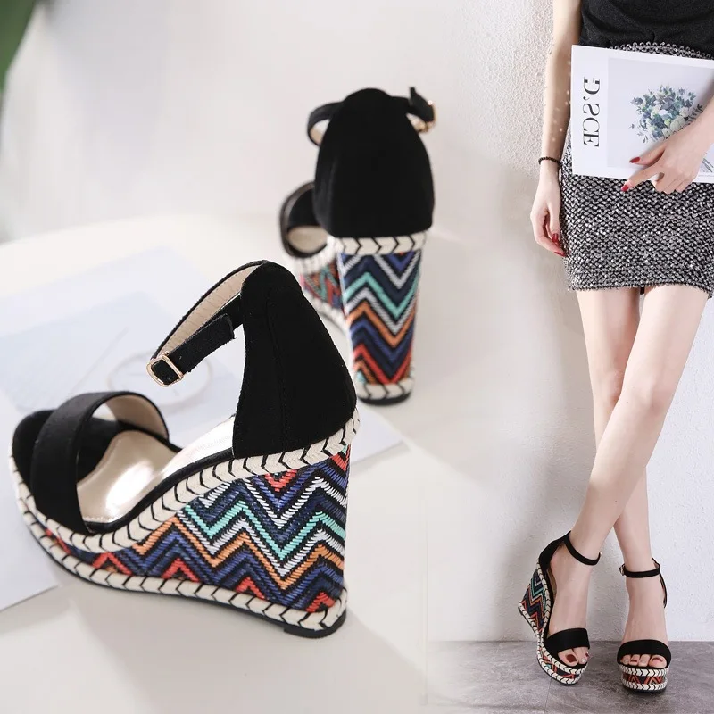 

Women Sandals Summer Fashion Luxury New Platform Buckle Strap Flock 11.5CM Wedges heel Classics Dress Women Shoes black