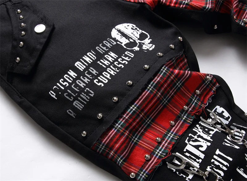 New Fashion Red Plaid Panel Men's Jeans Punk Style Zipper Pencil Jeans Skull Print Patch Hip Hop Slim Fit Denim Pants