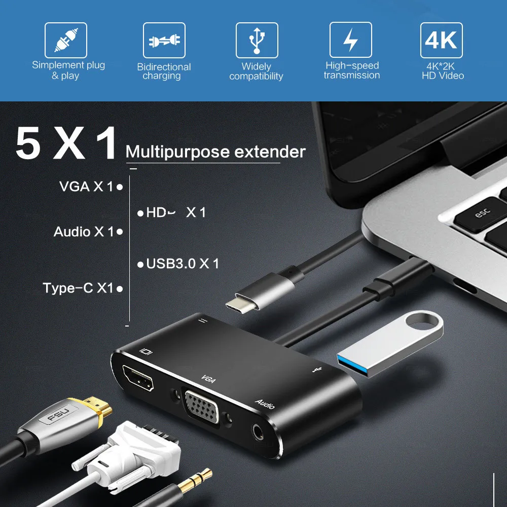 USB C HDMI-совместимая док-станция типа к VGA Thunderbolt 3 для MacBook Samsung S9/S8 Huawei Mate 20 P20 Pro |