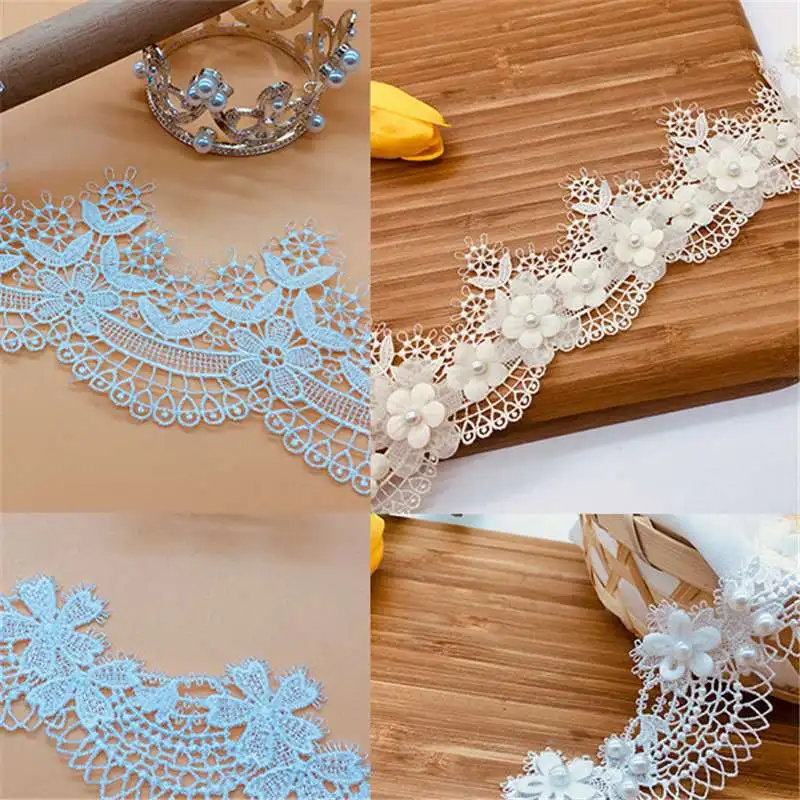 

Embroidered Lace Trim Ribbon Fabric Patchwork Wedding Dress Sewing Supplies 1yard Pearl Flower Ocean Waves Craft 4.5cm Width