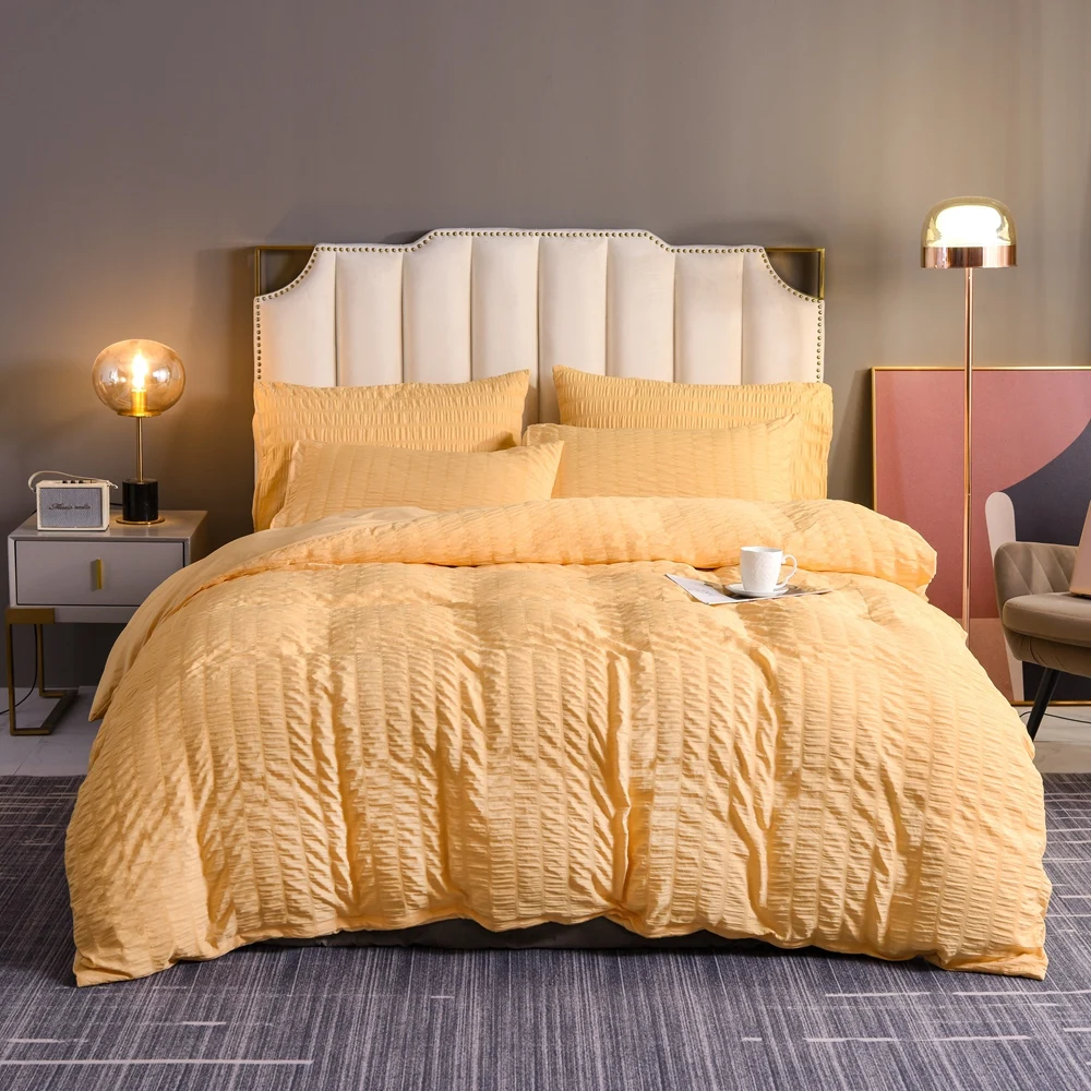 

Simple Solid Color Seersucker Bedding Set White Yellow Duvet Cover 220x240 King Single Double Queen Soft Bedclothes No Bed Sheet