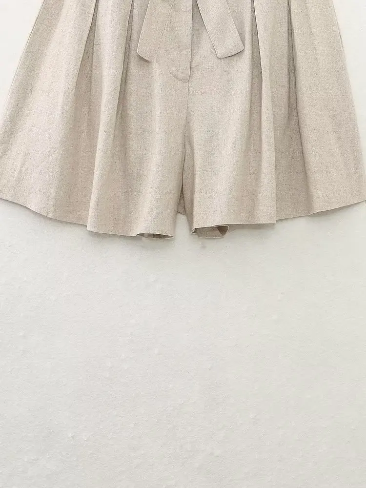 Withered Belted Ladies Loose Beige Lounge Shorts French Country Linen Bermuda Women