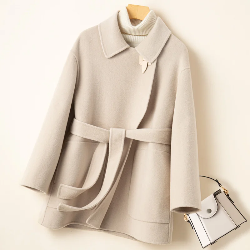 

Wool reversible nylon coat women's short lace up small man's wool coat in autumn and winter