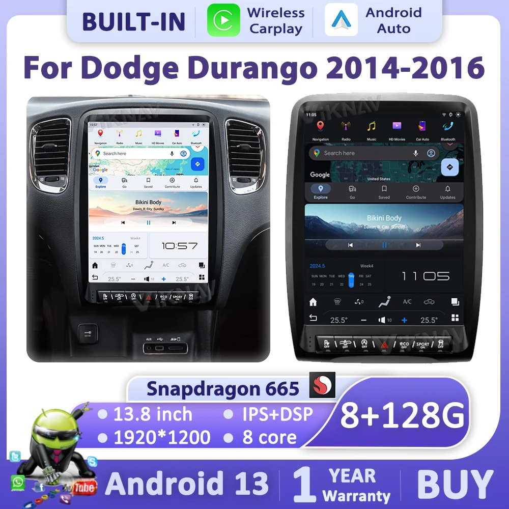 Viknav 13 8 &quotAndroid13 автомобильный радиоприемник для Dodge Durango 2014-2016 Carplay Auto BT 4G Wi-Fi GPS DSP