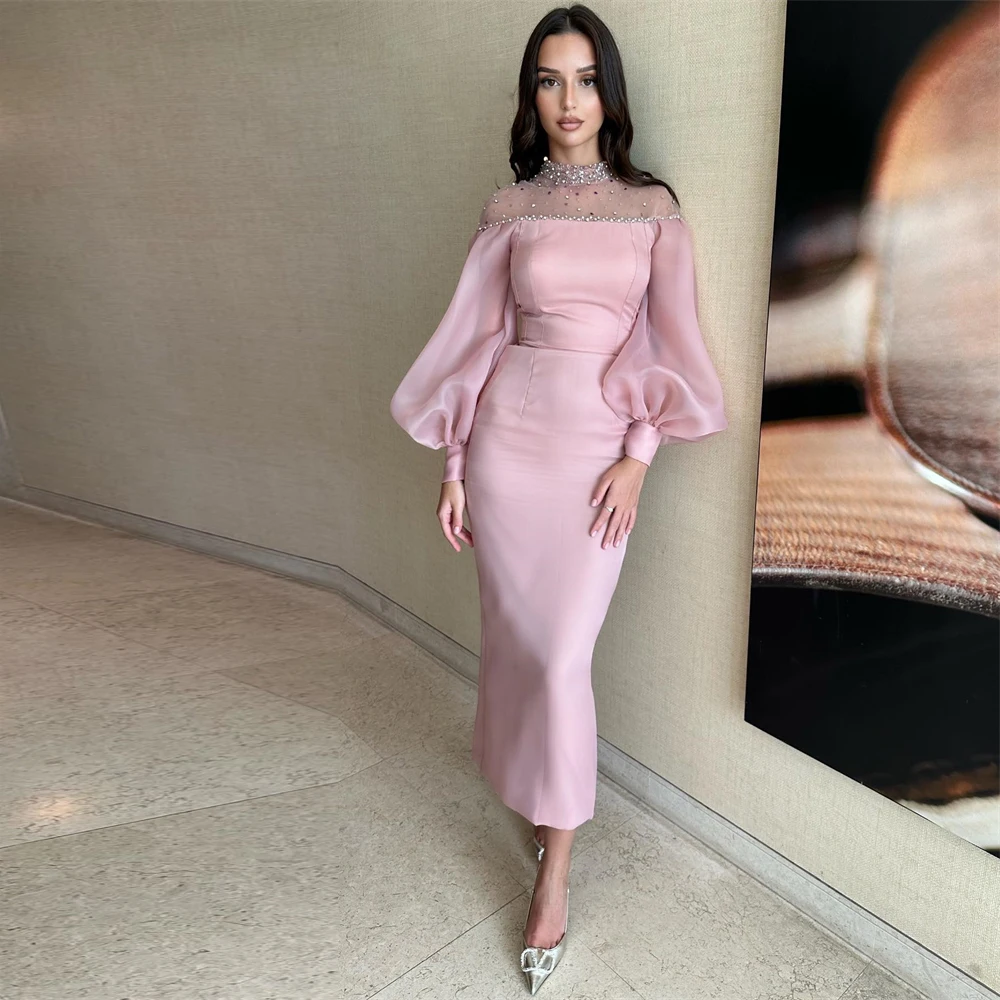

Pink Bead Neckline Arabic Dubai Prom Dresses Organza Puffy Sleeve Ankle Length Party Gown Sheath Muslim Womens Formal Wear