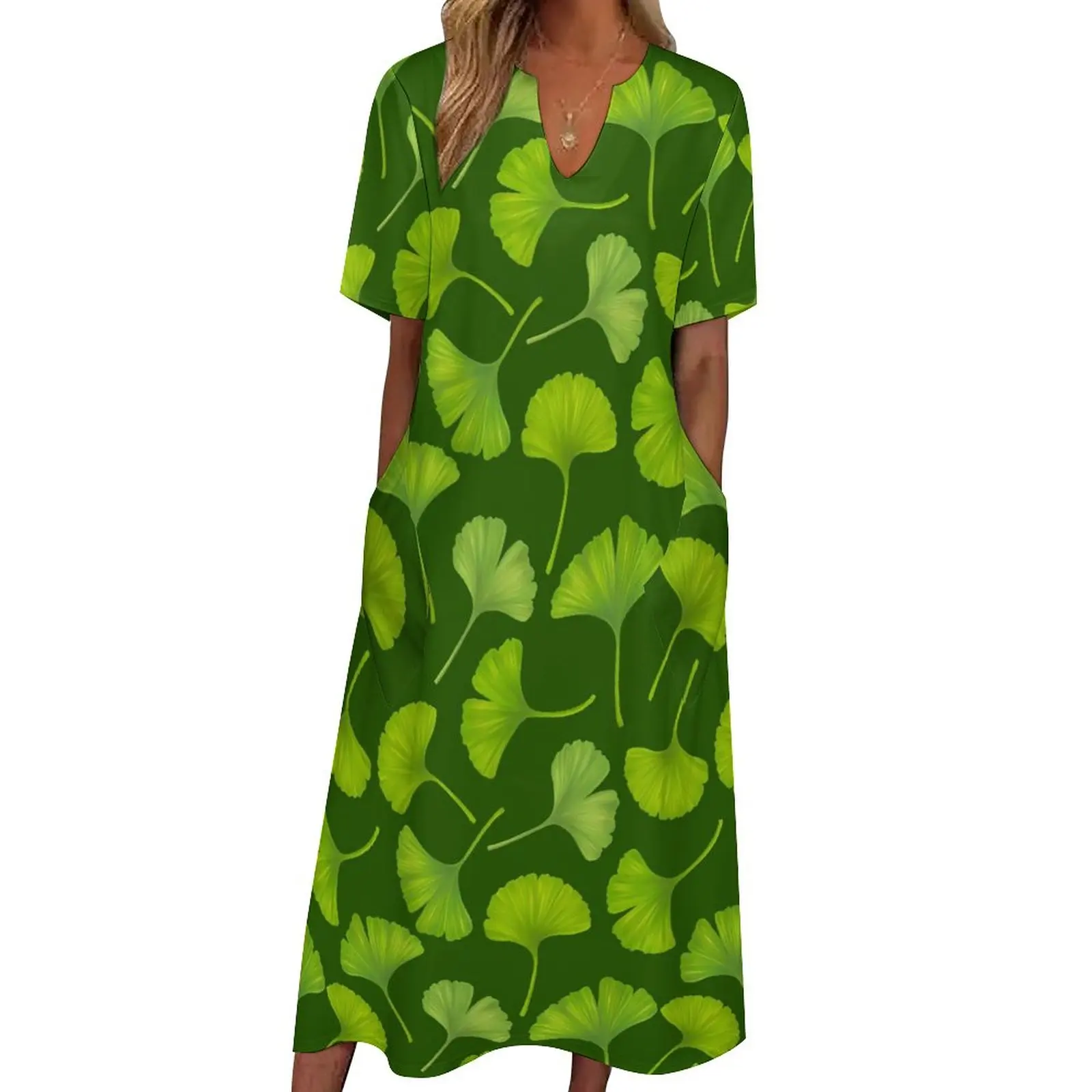 

Cute Ginko Biloba Dress Leaves Print Elegant Maxi Dress Streetwear Bohemia Long Dresses Summer V Neck Custom Clothing 4XL 5XL
