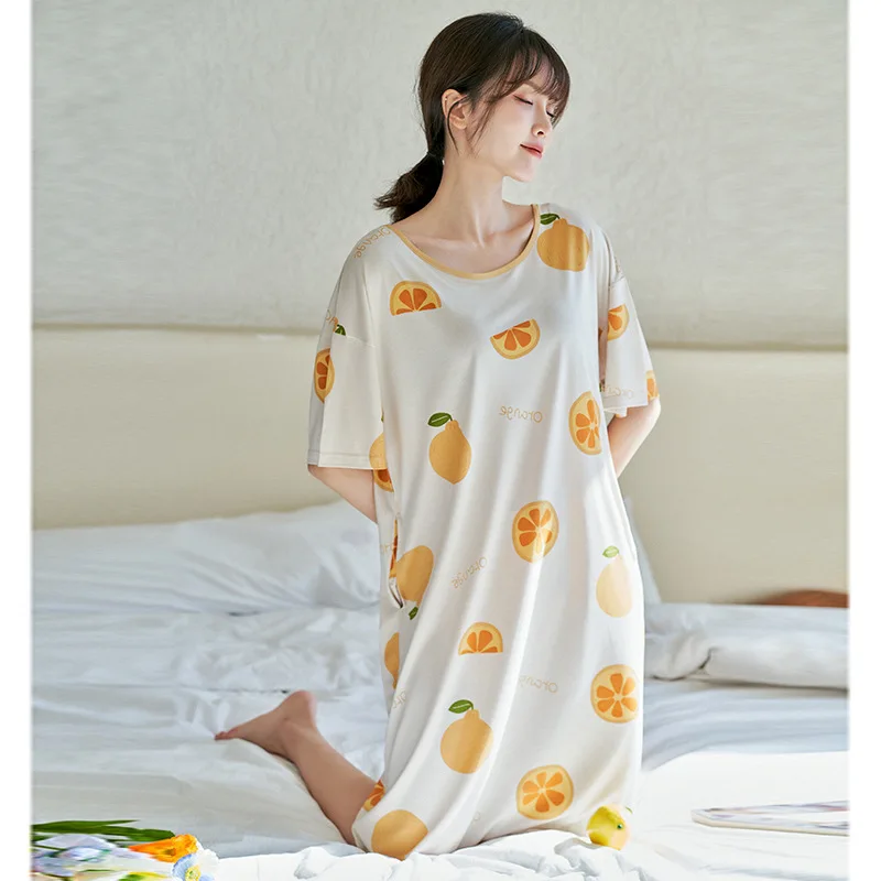 

Nightdress Women's Summer Short-sleeved Long Print Cartoon Cute Simple Smiley Sleepwear Women Large Size Pajamas