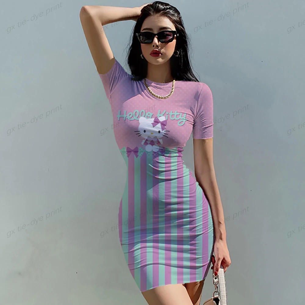 

Женское короткое платье с коротким рукавом, круглым вырезом и принтом Hello Kitty