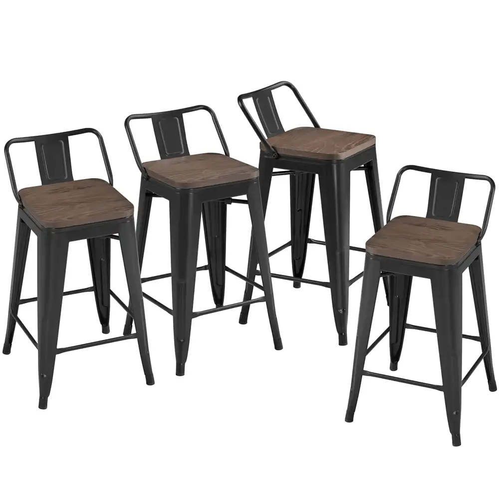 

Барный стул SMILE MART 24 дюйма, металлическая столешница с низкой спинкой и деревянным верхом, набор из 4 предметов, черный