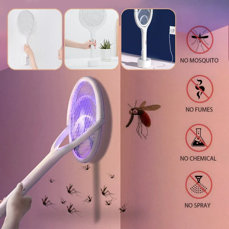 

5 IN 1 Electric Mosquito Swatter 365nm UV Light Killer Lamp Racket USB Charging Summer Fly Trap Bug Zapper 90° Rotatable Shocker