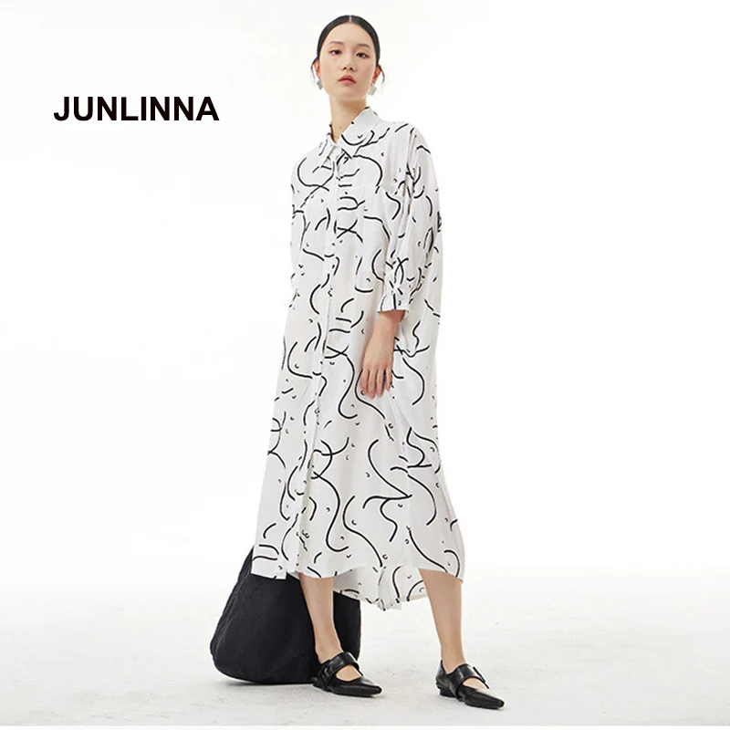 

JUNLINNA Fashion Designer Women Plus Size Dress 2022 Spring New Korean Style Long Shirt Dresses Woven Print Vestidos