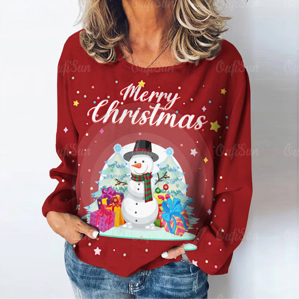 

Red Christmas Theme Print Women Long Sleeve Imitation Cotton T-Shirt Fashion Lady Sweatshirt Oversized Christmas Party Pullover