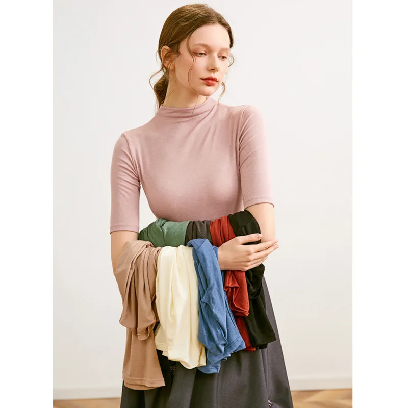 

Half High Collar Women Knit Woolen Blend T-shirt Spring Slim Half Sleeve Soft Bottoming T-shirts Thin Office Lady Tops Knitwear