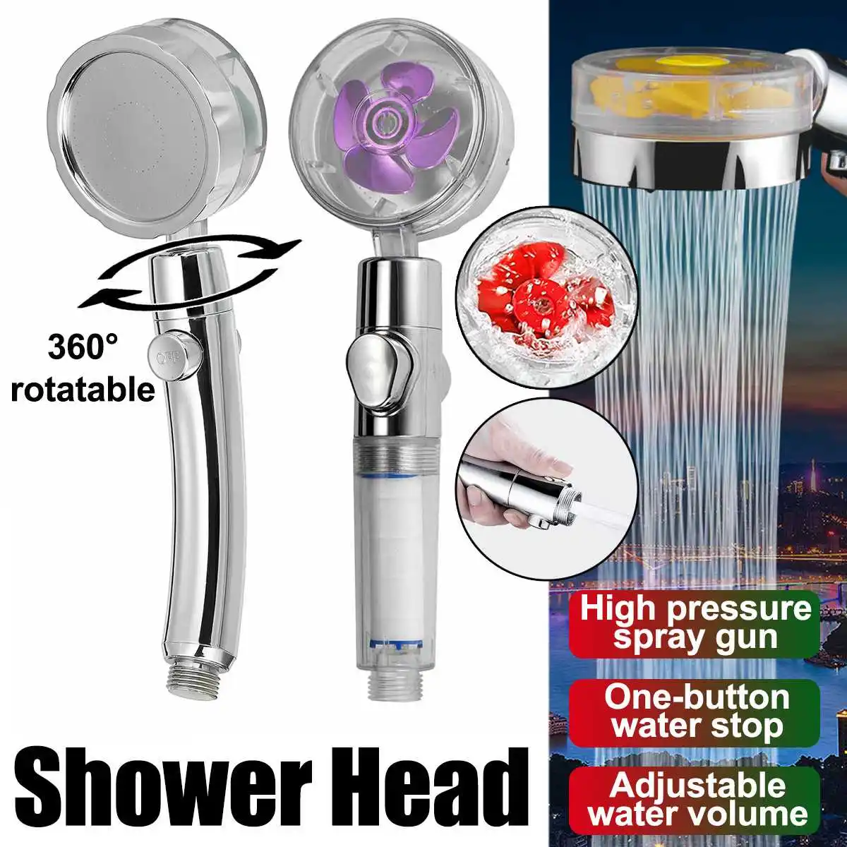 

Shower Head Water Saving Flow 360 Degrees Rotating with Small Fan ABS Rainfall Strong Pressurization Spray Nozzle Bathroom