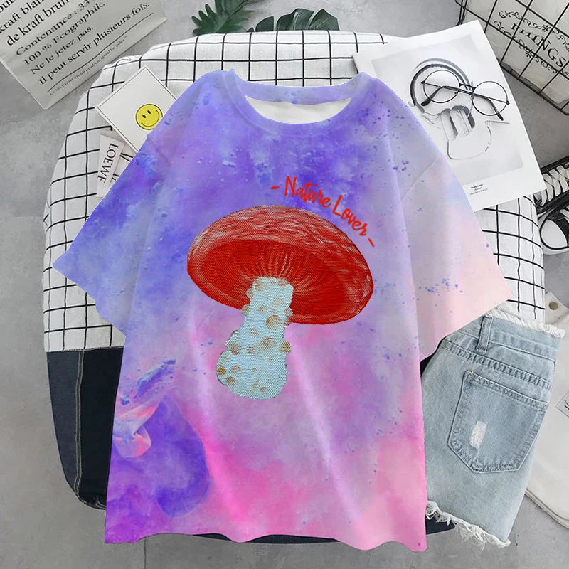 

Mushroom Women 2023 T-shirts Y2k Grunge Tops Female Short Sleeve Cartoon Tees Ladies Clothes Tops Graphic Tie-dyed T-Shirt