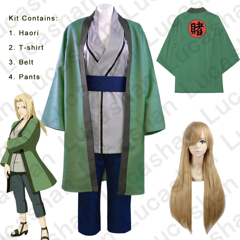 

Anime Manga Konoha Hokage Senju Hime Tsunade Cosplay Costume Lady Green Women Kimono With Wig Cloak Halloween Carnival Clothes