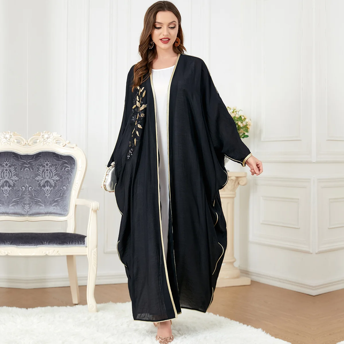 

Eid Abaya Kaftan Ramadan Muslim Dress Dubai Turkey Jilbab Abayas for Women Beading Loose Robe Satin Long Dresses Islam Clothing