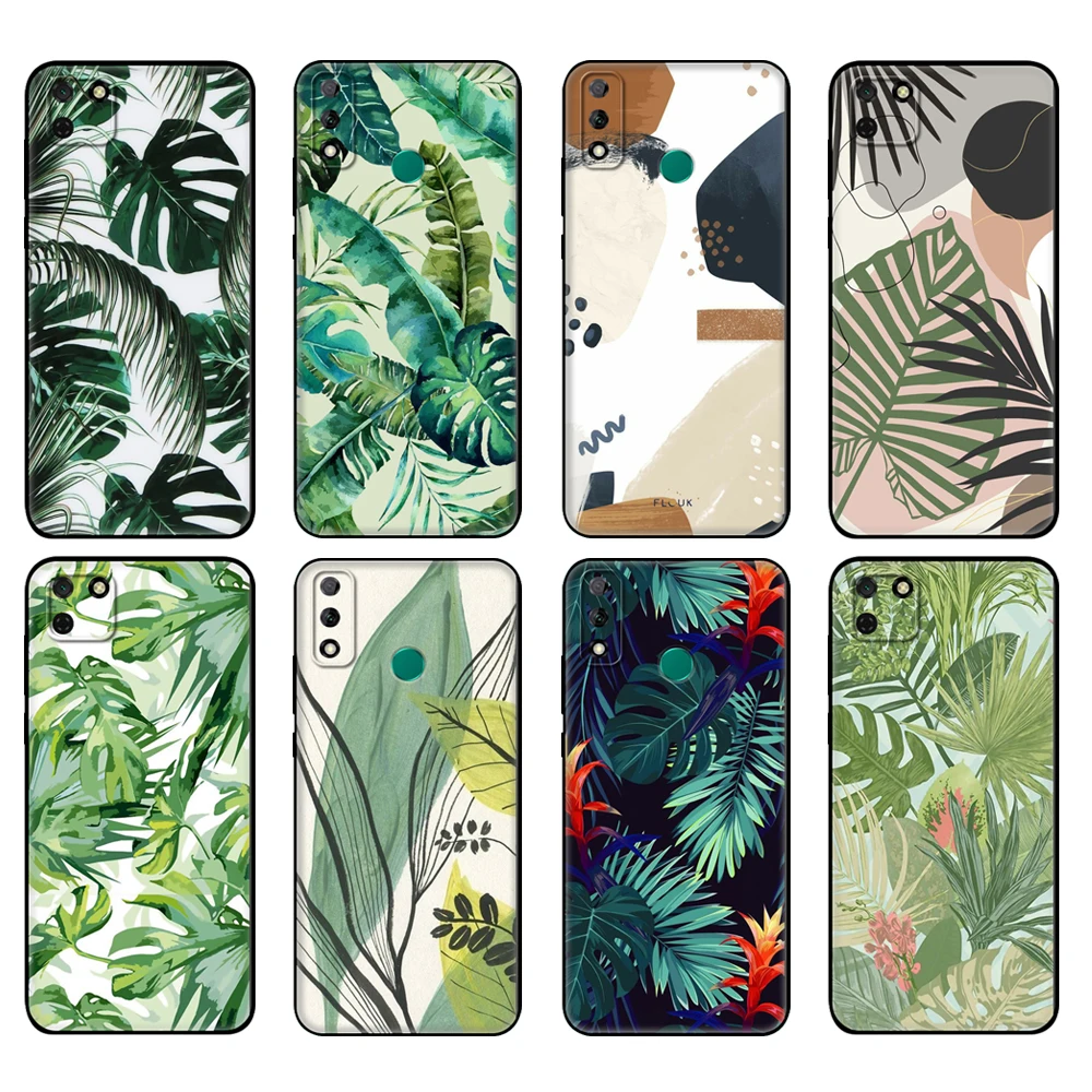 

Black tpu Case For Huawei Y9S Y6S Y8S Y5P Y7P Y8P Case For Huawei Y5 lite Prime 2018 Y6 2019 Cover Palm tree Leaves