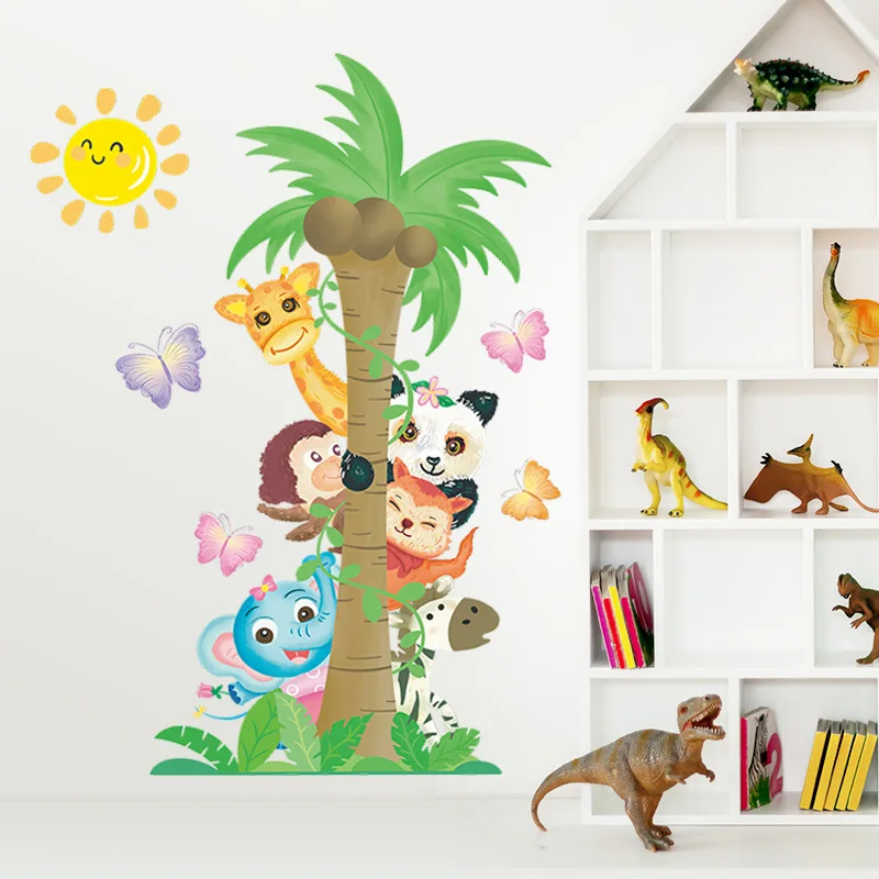 

Милый мультяшный Жираф панда слон животные кокосовое дерево наклейка на стену виниловые Детские картинки для детской комнаты домашний дек...