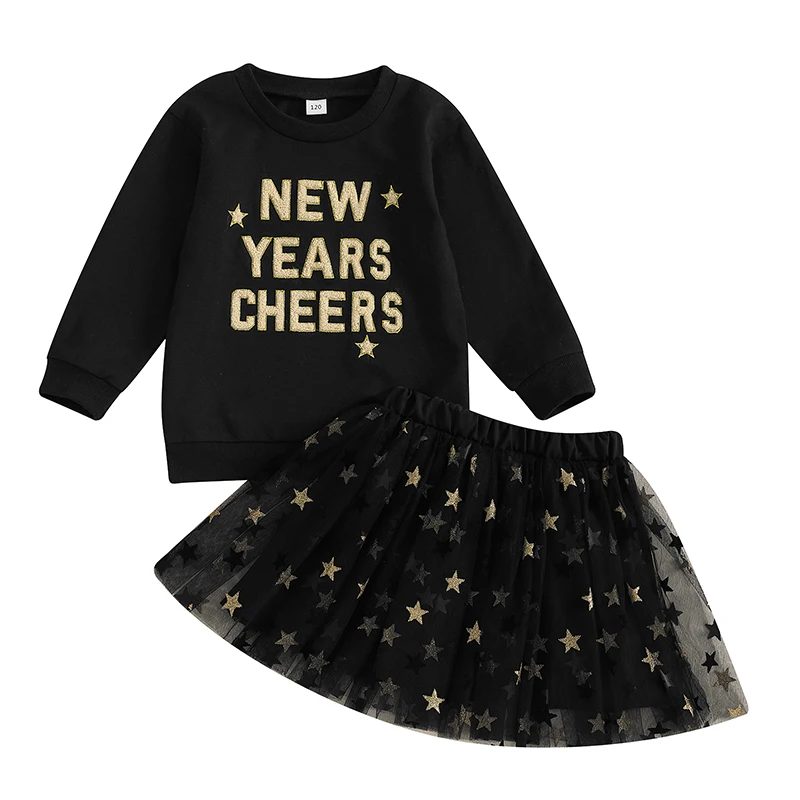 Girl New Year Outfit Letter Embroidery Long Sleeve Sweatshirt Glitter Star Print Tulle Skirt 2 Piece Set