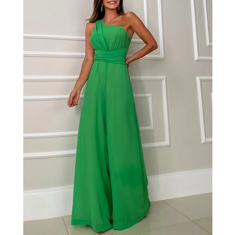 

Женский Элегантный Модный комбинезон на одно плечо с рюшами и широкими штанинами, повседневный Свободный комбинезон, односоставная уличная одежда