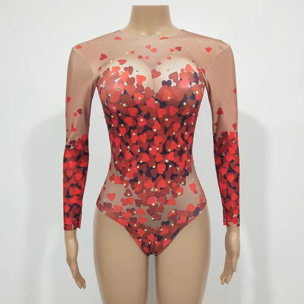 

Женское боди с красным сердцем, эластичное танцевальное трико, танцевальный костюм для диджея, для ночного клуба, бара, выступления, сценического костюма, праздничная одежда