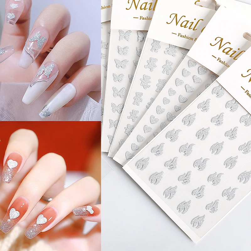 

3D наклейки для ногтей, Серебряное сердце, любовь, самоклеящиеся слайдеры, украшения для ногтей, Бабочка, аксессуары для маникюра