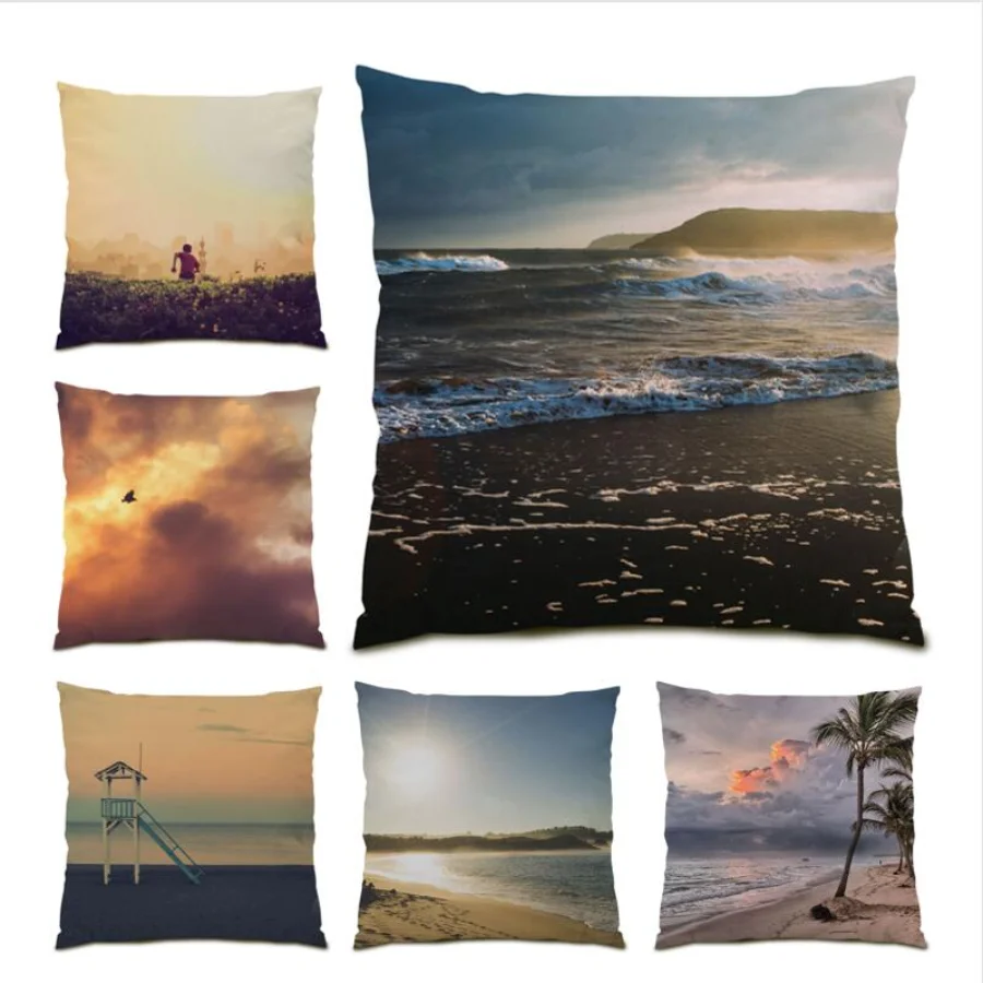

Natural Seaside Scenic Throw Pillow Covers Decoration Home Polyester Linen Living Room Landscape Cushion Cover 45x45 Bed E0790