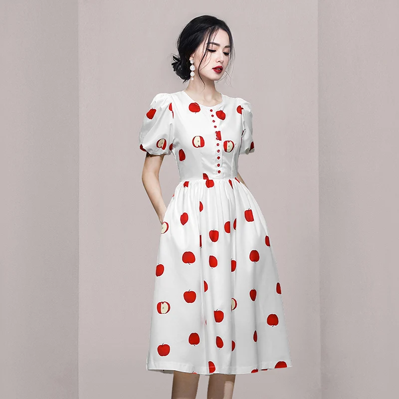 

French Temperament Women O Neck Fruit Pattern Midi Dress Fashion Summer Lantern Sleeve Apple Print Pockets Ball Gown Vestidos